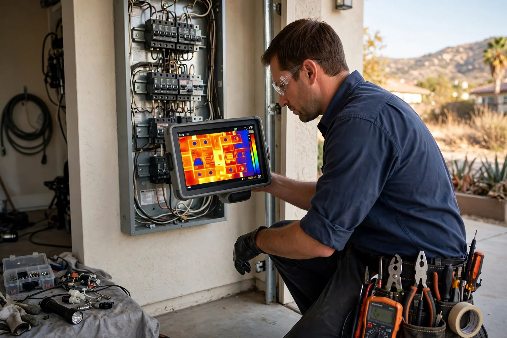 Technician using thermal imaging to check breaker connections inside a residential panel